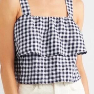Madewell Navy and White Linen Blend Gingham Flare Crop Top Size Small